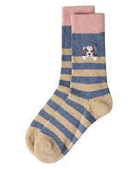 MeMoi Women's "Just Hanging" Striped Embroidered Cotton Rich Novelty Crew Socks