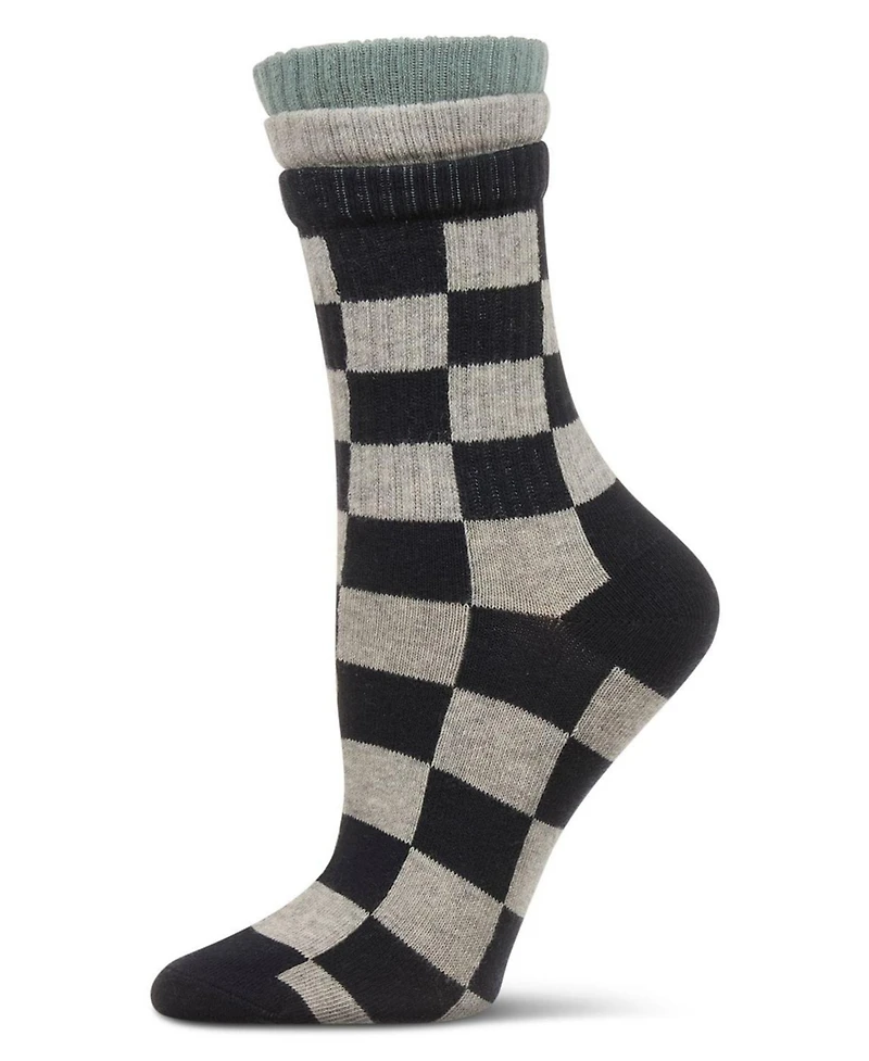 MeMoi Women's Checkmate Triple Cuff Crew Socks