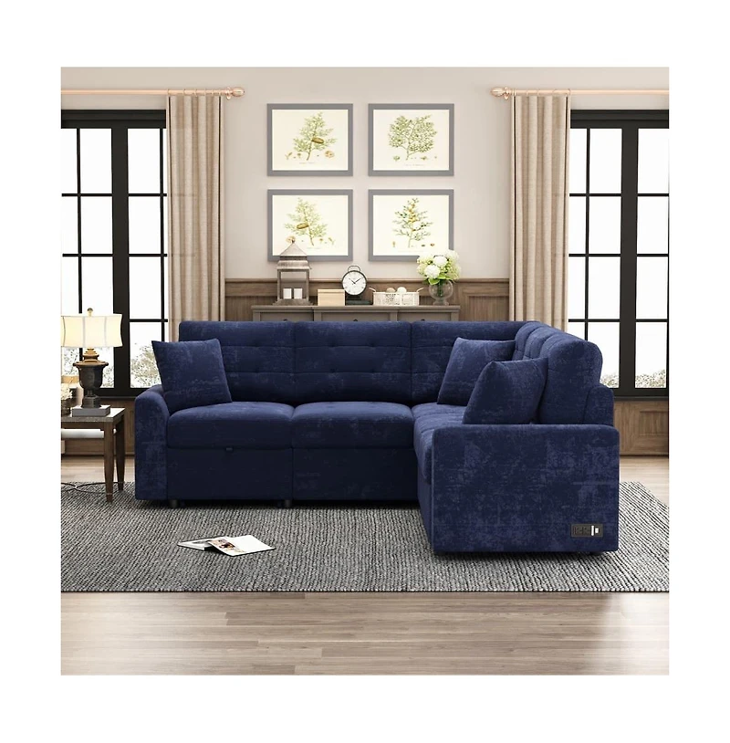Maison Boucle 82.6" L-Shaped Pull Out Sleeper Sofa with Usb Ports, Power Outlets & Wheels, Modular Sectional Bed for Living Room