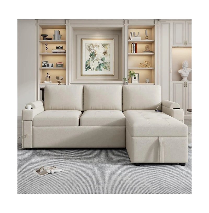 Maison Boucle 83.5'' L-Shaped Sleeper Sofa Bed with Reversible Chaise, Pull-Out Bed, Usb Ports, Cup Holders & Storage Drawers for Living Room