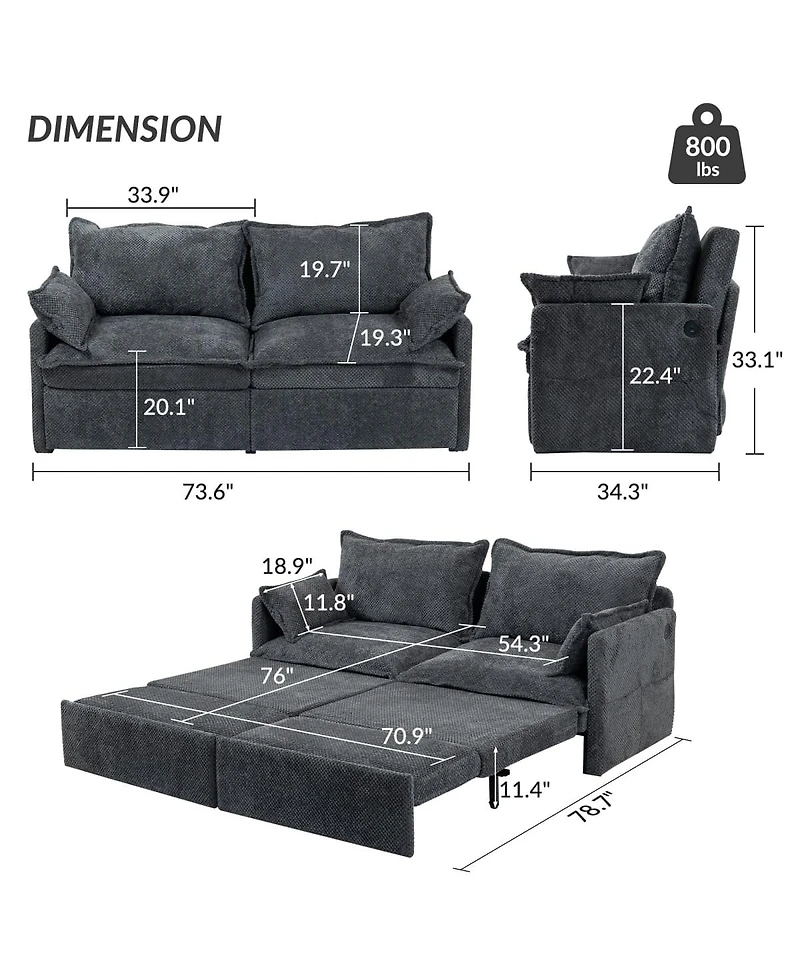 Maison Boucle 73.6" Corduroy Pull-Out Sleeper Sofa Bed with Usb & C-Type Ports, Side Storage, 3-in-1 Convertible Couch for Small Spaces