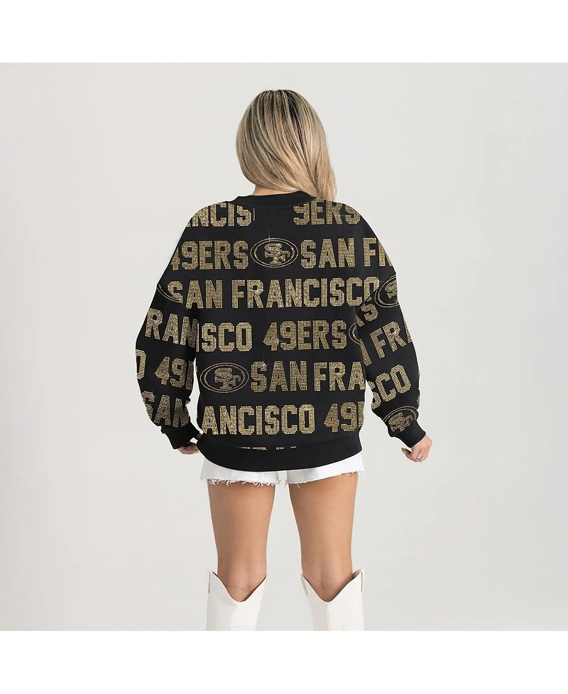 Gameday Couture Women's Black San Francisco 49ers Relaxed Drop Shoulder Hype Era Rhinestone Text Sweatshirt