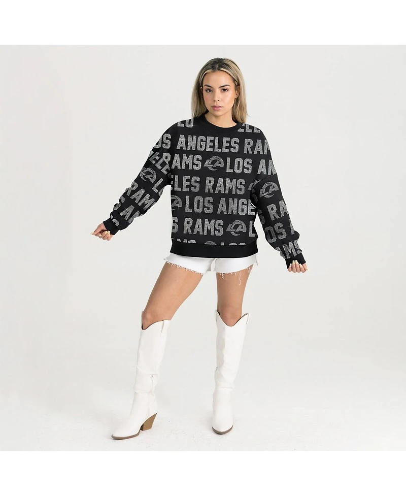 Gameday Couture Women's Black Los Angeles Rams Relaxed Drop Shoulder Hype Era Rhinestone Text Sweatshirt