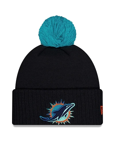 New Era Men's Pitch Blue Miami Dolphins 2025 Rivalries Collection Sideline Cuffed Pom with Knit Hat