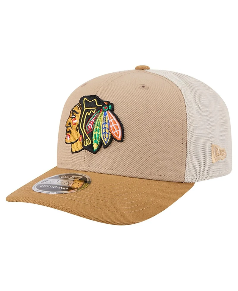 New Era Men's Tan/Light Brown Chicago Blackhawks Two-Tone Trucker 9SEVENTY Stretch Snap Adjustable Hat