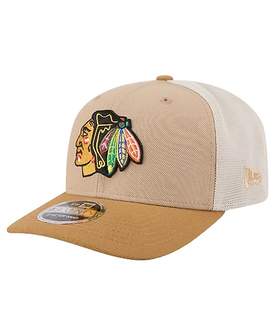 New Era Men's Tan/Light Brown Chicago Blackhawks Two-Tone Trucker 9SEVENTY Stretch Snap Adjustable Hat