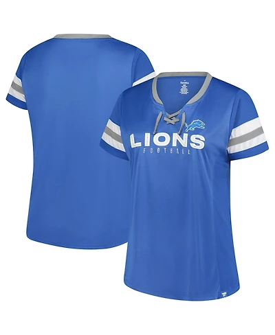 Fanatics Women's Blue Detroit Lions Plus Rhinestone Redzone Athena Lace-Up Notch Neck T-Shirt