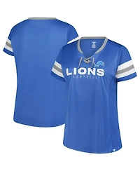 Fanatics Women's Blue Detroit Lions Plus Rhinestone Redzone Athena Lace-Up Notch Neck T-Shirt