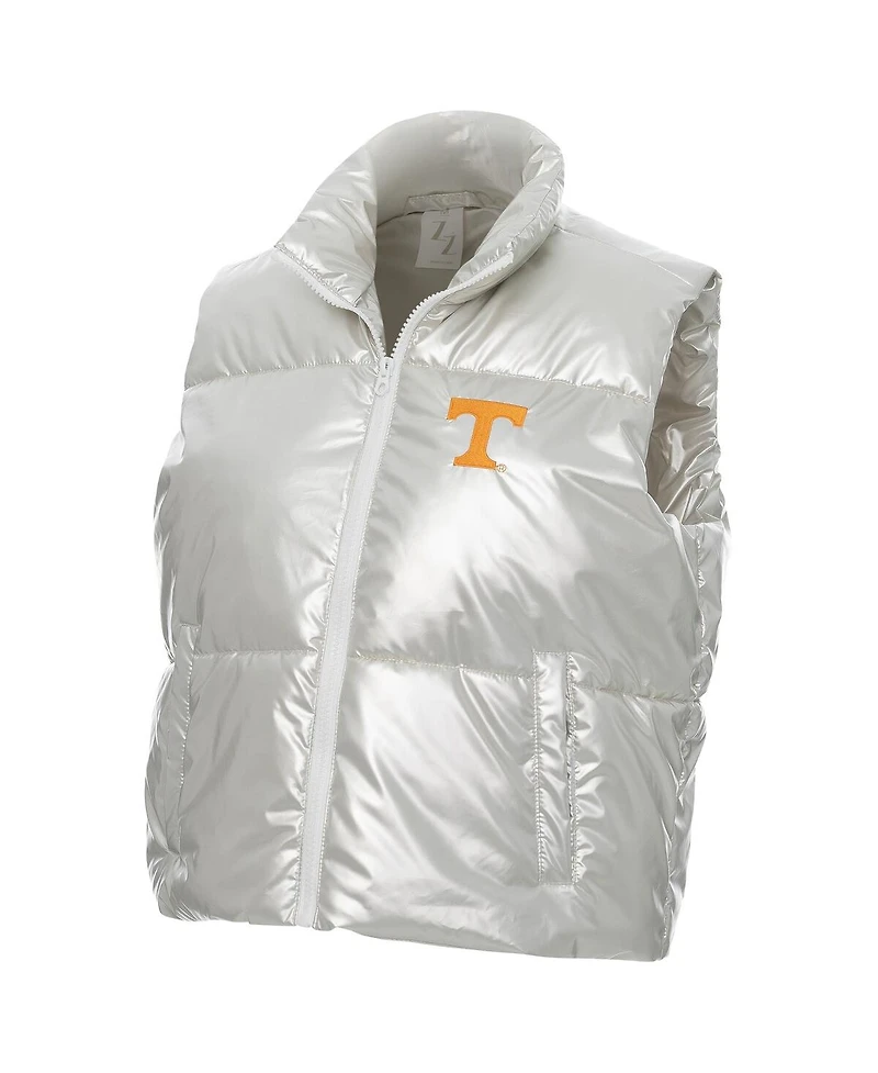 ZooZatz Women's Silver Tennessee Volunteers Metallic Cropped Full-Zip Sleeveless Puffer Vest