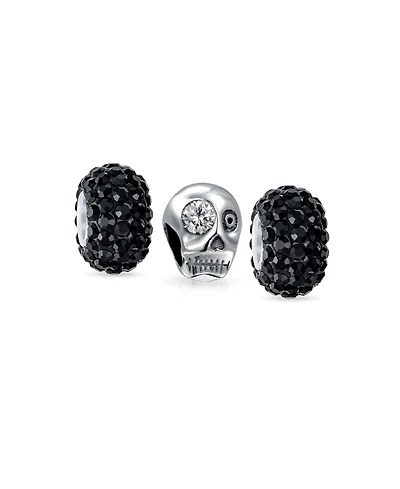 Bling Jewelry Set of 3 Halloween Skeleton Skull with Cz Eye & Solid Black Crystal Spacer Charm Bead Sterling Silver