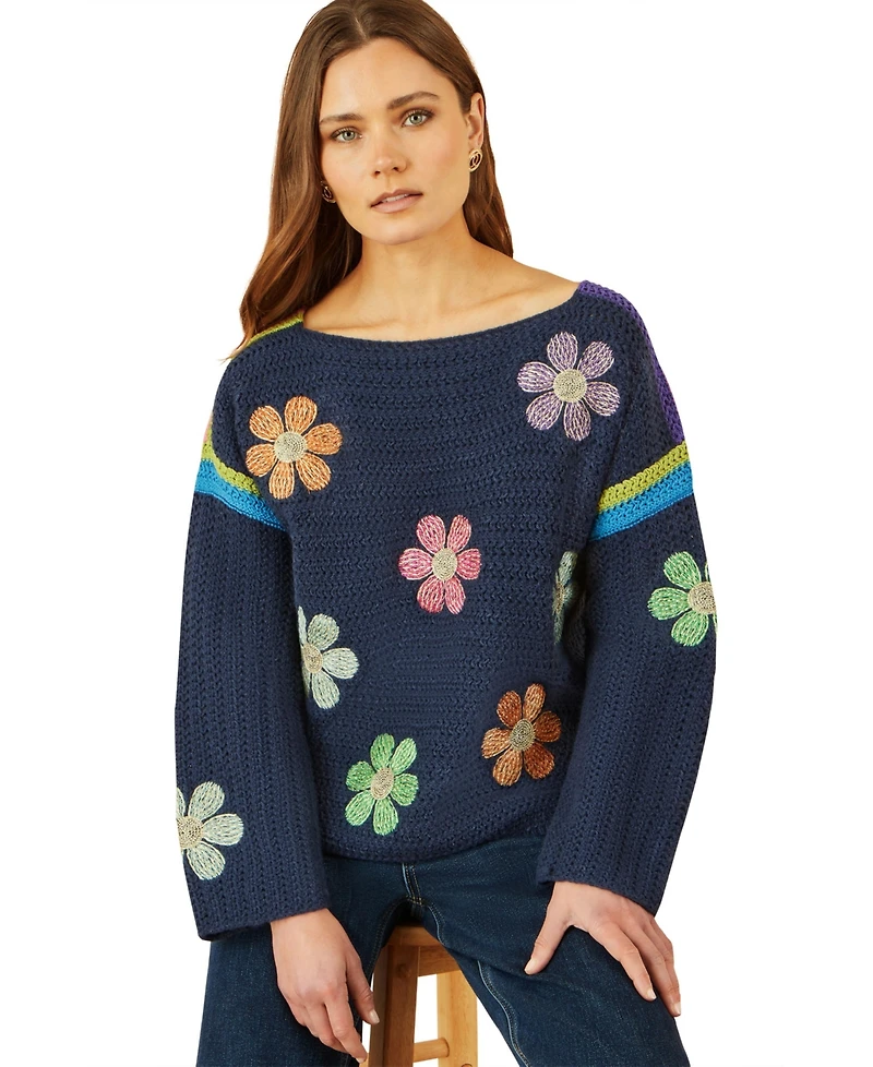Yumi Women's Crochet Flower Long Sleeve Jumper
