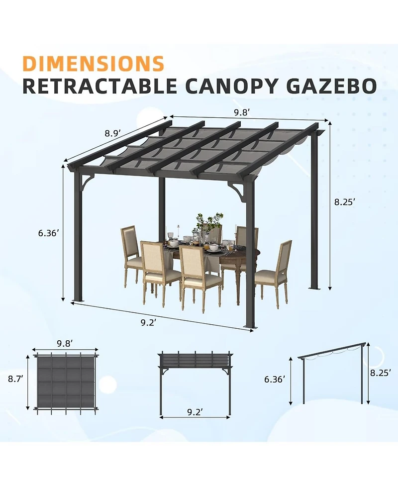Aecojoy 10' x 8' Gazebo for Patio, Retractable Pergola with Adjustable Sun Shade Canopy Roof