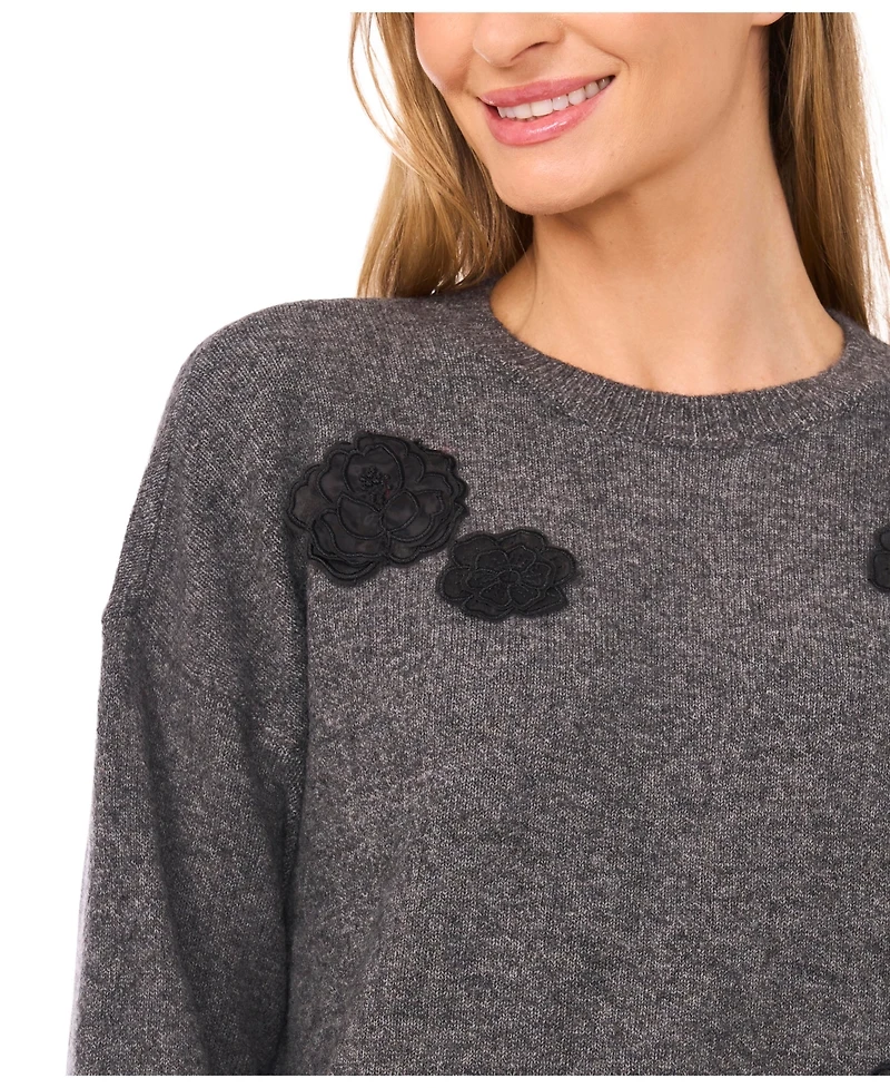 CeCe Women's Flower Applique Long Sleeves Sweater