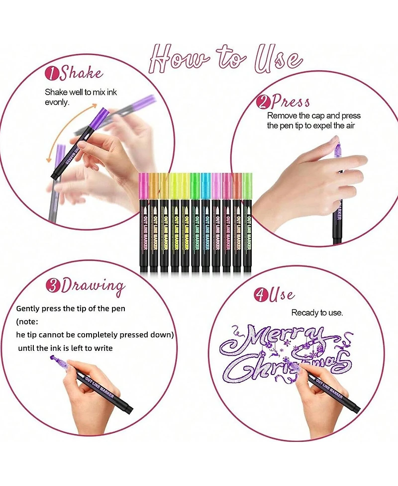 Htutwoo 24 Colors Double Line Outline Pens, Shimmer Markers Set for Drawing, Greeting Card, Diy Art Crafts, Scrap Booking