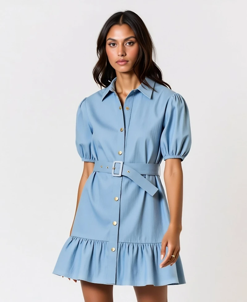 Modenaire Women's 100% Cotton Belted Puff-Sleeve Mini Dress