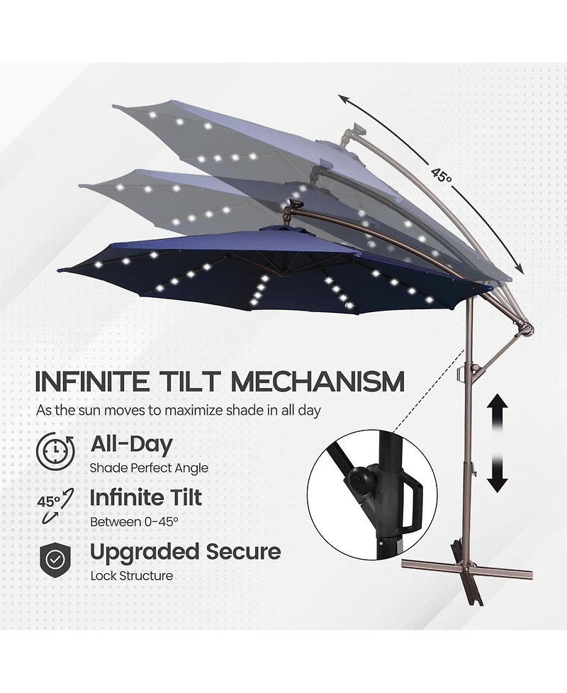 Clihome 11FT Solar Offset Umbrella with 32 Led Lights Cantilever Hanging Outdoor Umbrellas Handy Crank & Cross Base for Deck/Backyard/Pool，Red