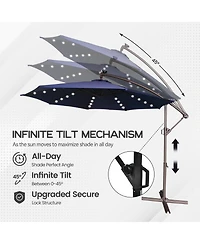 Clihome 11FT Solar Offset Umbrella with 32 Led Lights Cantilever Hanging Outdoor Umbrellas Handy Crank & Cross Base for Deck/Backyard/Pool，Red