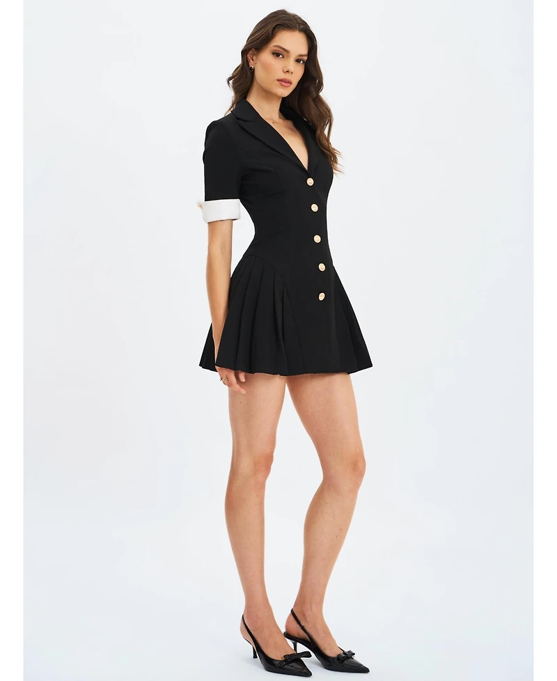 Miss Circle Women's Ilitha Black Woven Crepe Pleated A-Line Mini Dress