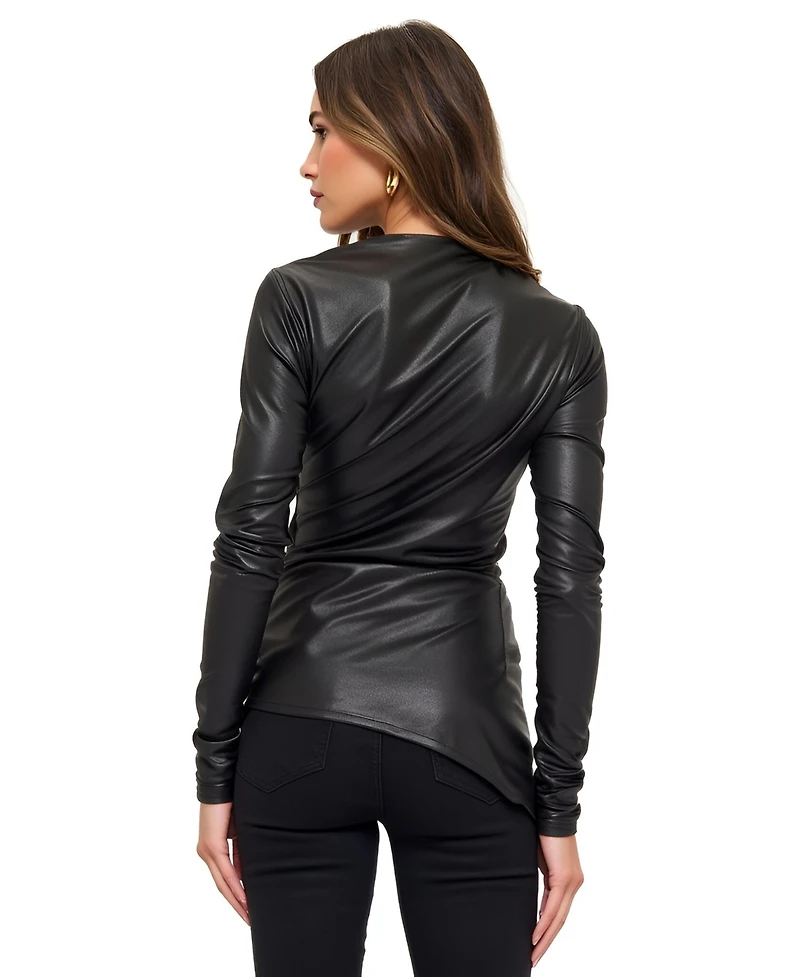 Modenaire Women's Asymmetrical Faux Leather Long Sleeve Top