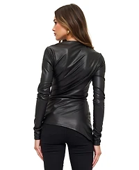 Modenaire Women's Asymmetrical Faux Leather Long Sleeve Top