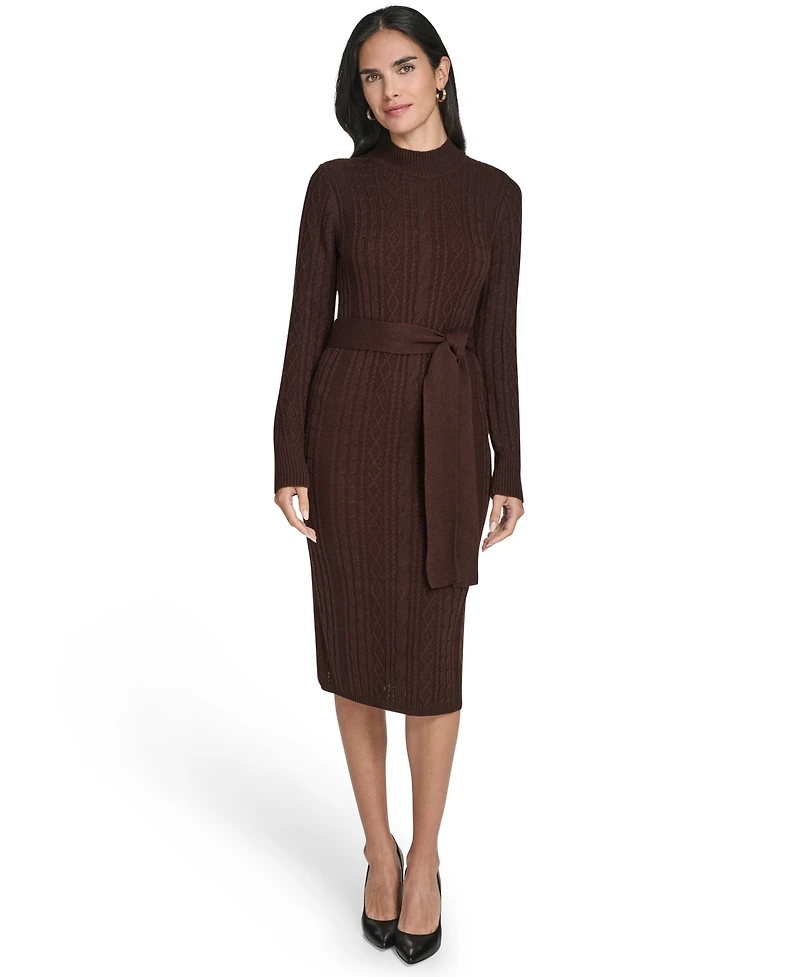 Jessica Howard Women's Long Sleeve Mock Neck Belted Midi Sweater Dress