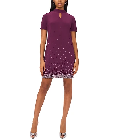 Msk Petite Short Sleeve Keyhole Beaded Dress