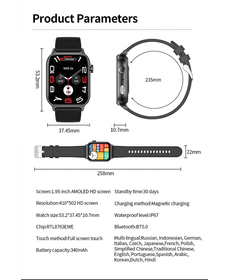 Ruxing Smart 1.95" Amoled Smart Watch for Women Men With Bluetooth Calling, Health Monitoring,Sport Modes, Intelligent Reminder IP67 -Silver