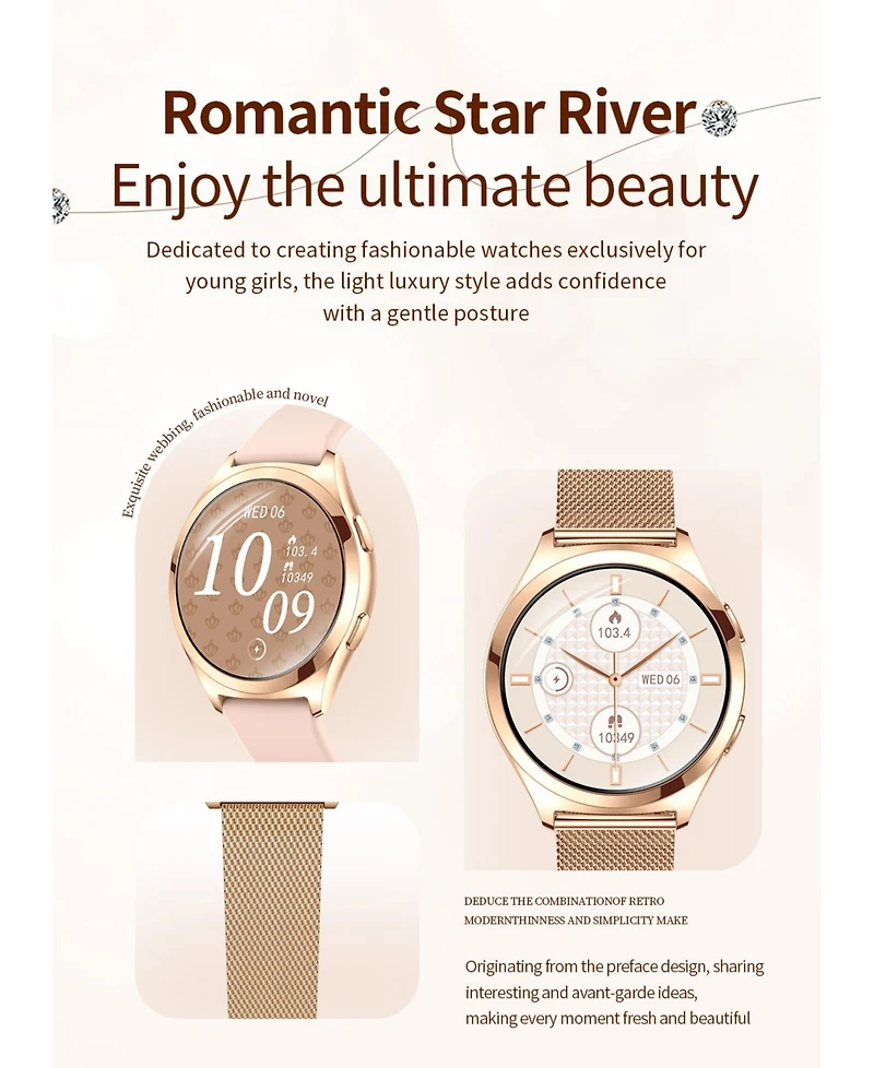 Ruxing Smart Smart watch 1.27 Hd large screen heart rate female physiological monitoring waterproof Bluetooth watch -Gold