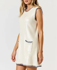 Modenaire Women's Sequin Knit Sleeveless Mini Dress with Contrast Trim and Pockets