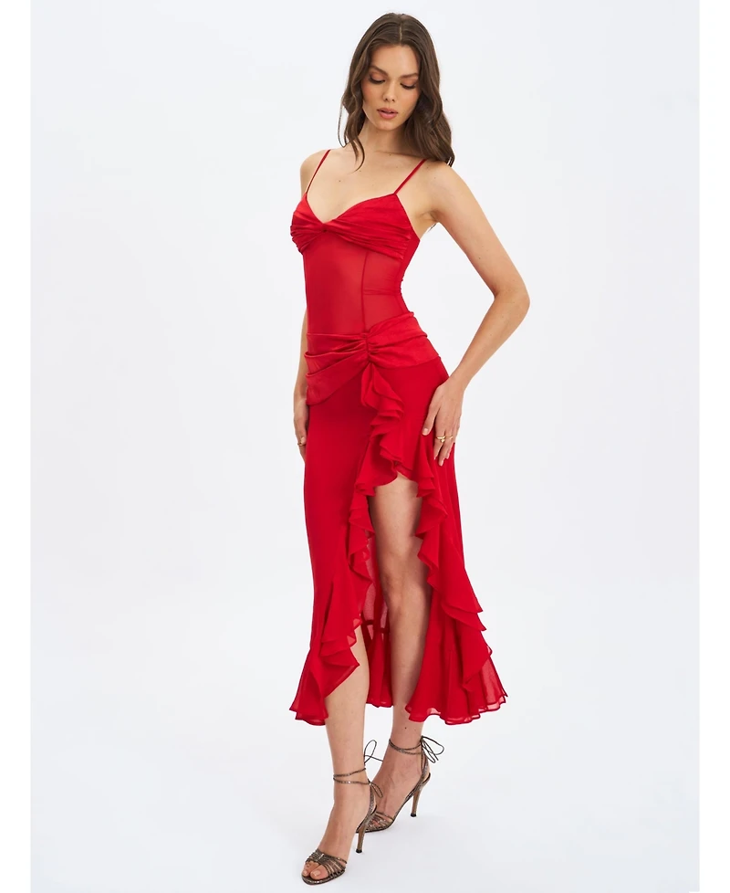 Miss Circle Women's Dahlina Red Ruched Waist High Slit Maxi Dress