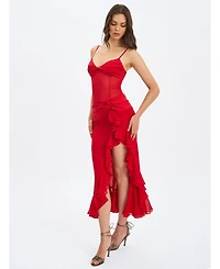 Miss Circle Women's Dahlina Red Ruched Waist High Slit Maxi Dress