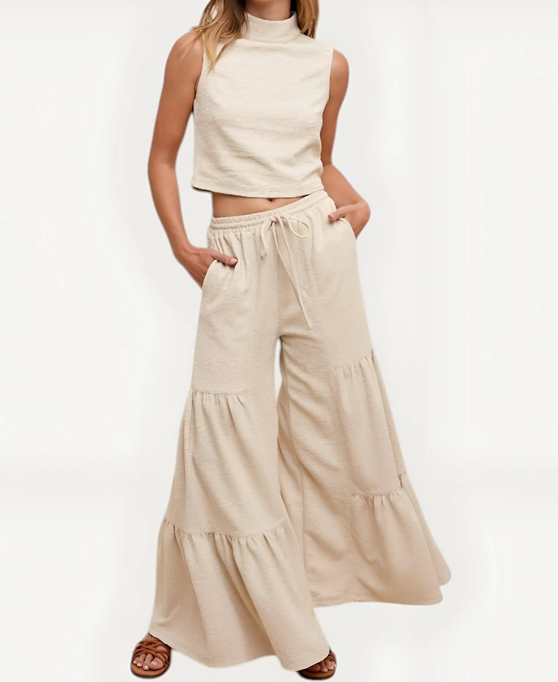Modenaire Women's Sleeveless Textured Mock-Neck Crop Top & Tiered Wide-Leg Drawstring Pants 2-Pc. Set
