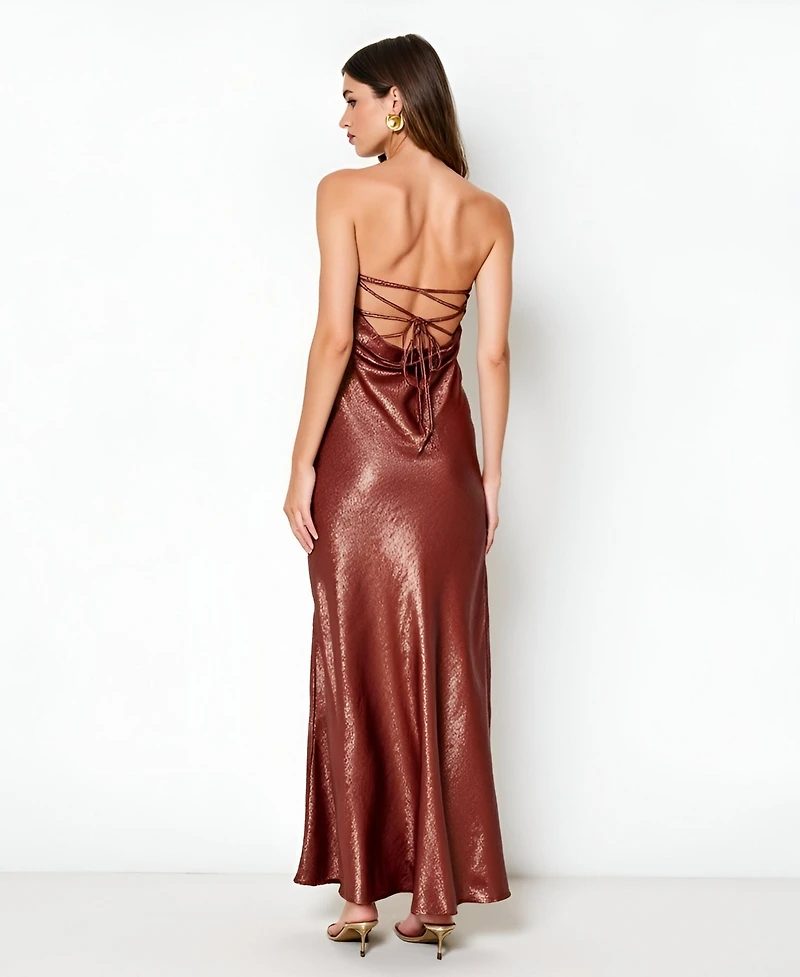 Modenaire Women's Shimmer Cowl-Neck Halter Lace-Up Evening Gown