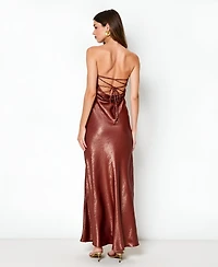 Modenaire Women's Shimmer Cowl-Neck Halter Lace-Up Evening Gown