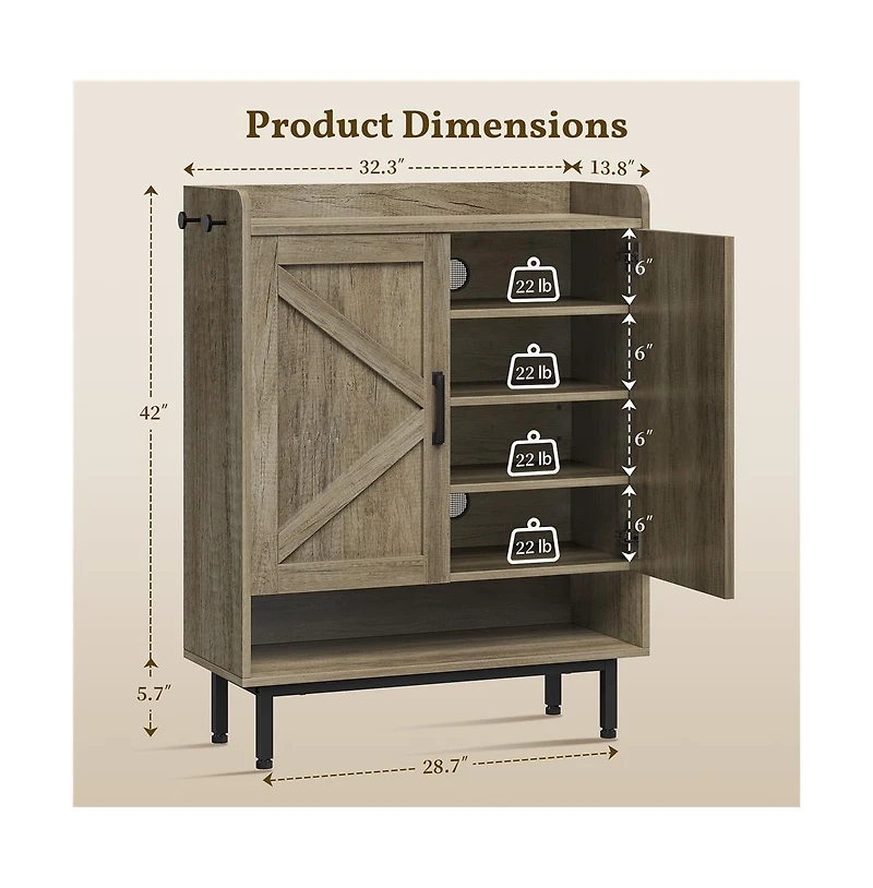 Country Style 5-Tier Shoe Cabinet with Barn-Inspired Doors Rustic Brown