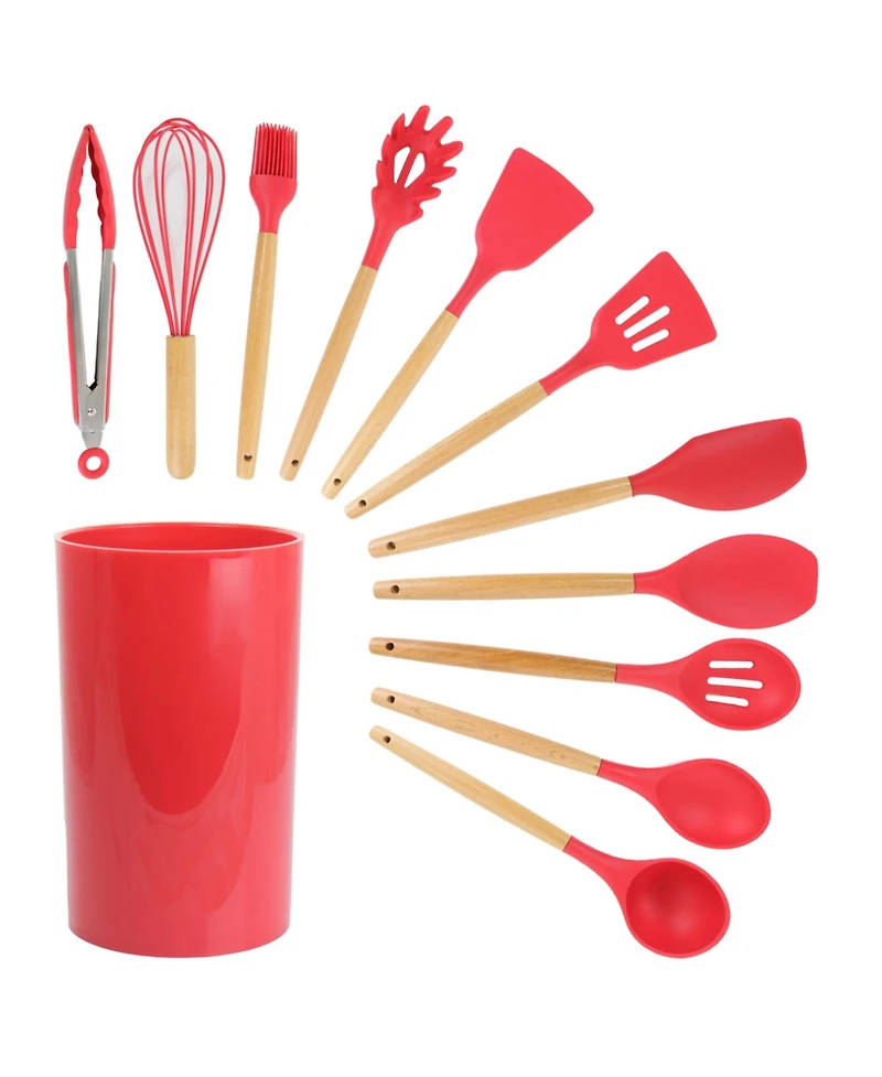 MegaChef Red Silicone and Wood Cooking Utensils, Set of 12