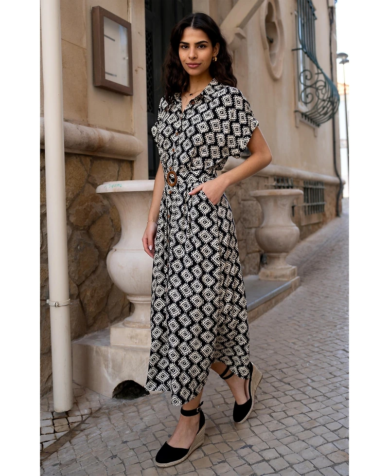 Yumi Women's Midi Shirt Dress With Matching Belt