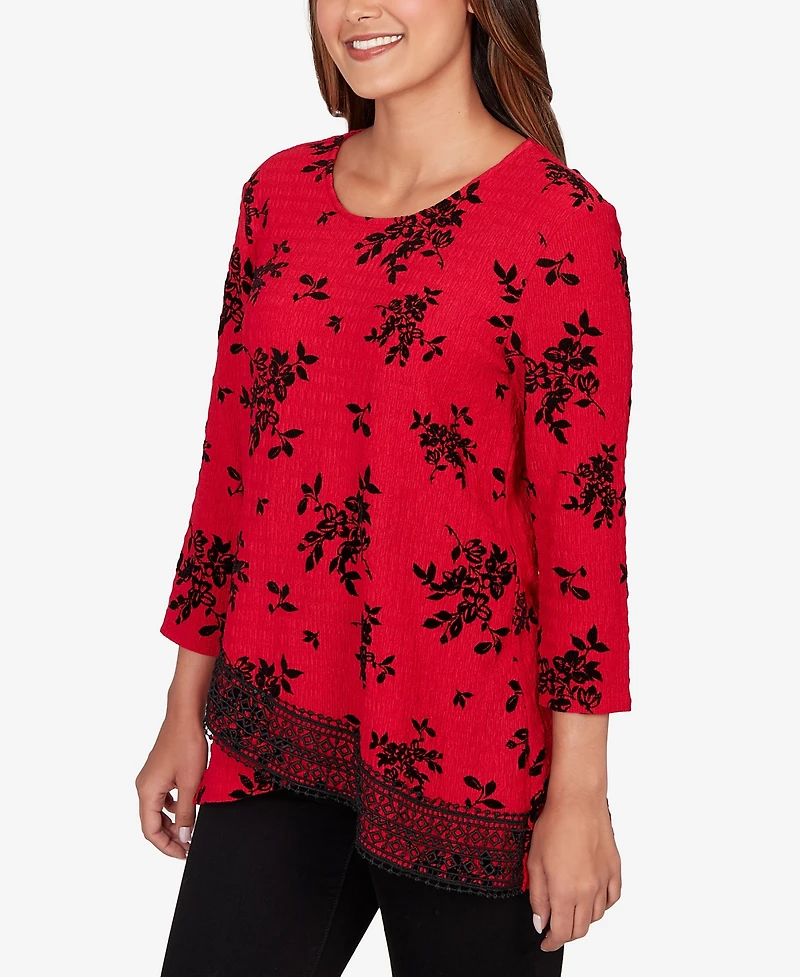Ruby Rd. Petite Floral Flocked Texture Lace Trim Top
