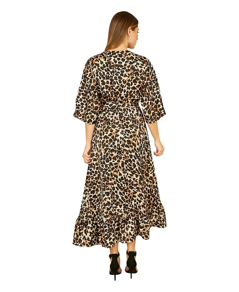 Yumi Women's Leopard Print Kimono Sleeve Wrap Dress