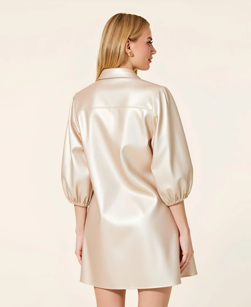 Modenaire Women's Satin Button-Front Collared Puff-Sleeve Shirt Dress