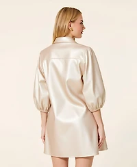 Modenaire Women's Satin Button-Front Collared Puff-Sleeve Shirt Dress