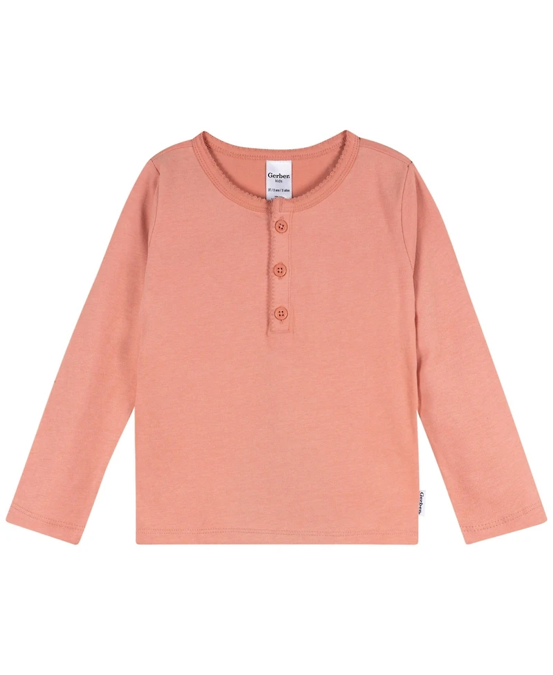 Gerber Toddler Girls 3-Pack Long Sleeve Shirts, Green/Pink/Coral, 4T