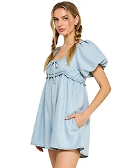 Modenaire Women's Puff-Sleeve Tie-Front Empire-Waist Romper