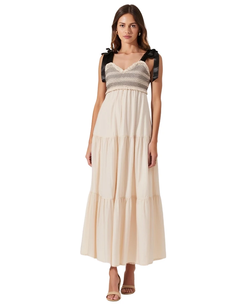 Modenaire Women's Smocked Lace-Trim Maxi Dress with Satin Bow-Tie Straps