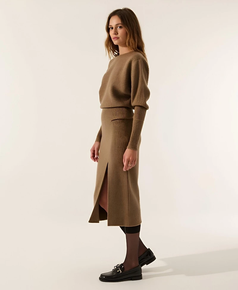 Modenaire Women's Rib Knit One Shoulder Dolman Midi Sweater Dress