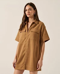 Modenaire Women's Faux Suede Collared Mini Shirt Dress