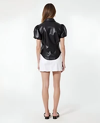 Modenaire Women's Leather Puff Sleeve Corset Button Up Shirt