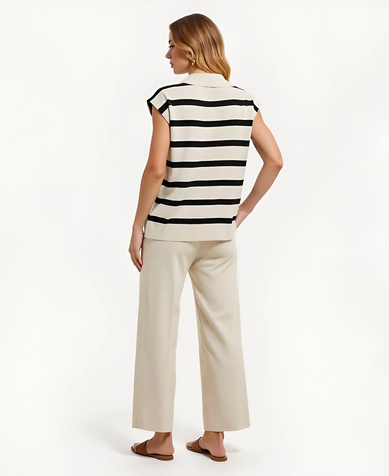 Modenaire Women's Cap Sleeve Striped Knit Polo Top