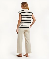 Modenaire Women's Cap Sleeve Striped Knit Polo Top