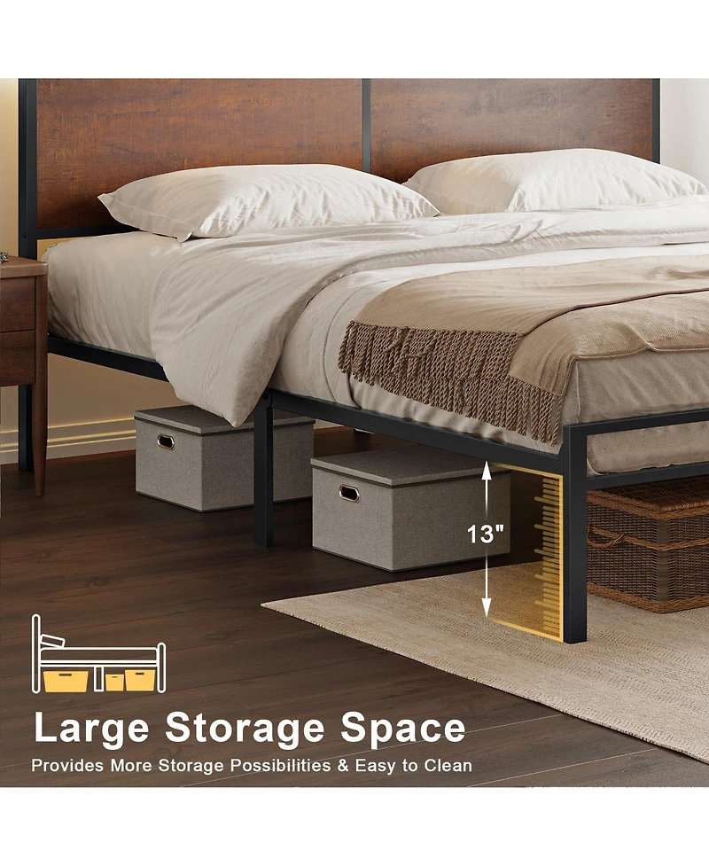 Hausource Industrial King Size Bed Frame with Storage Led Headboard, Charging Station, No Box Spring Needed